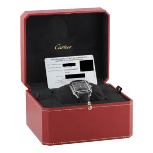 Cartier WSSA0046 Santos-Dumont black lacquer steel watch box and papers